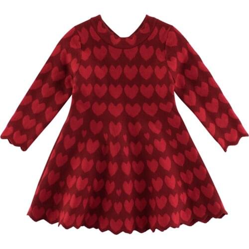 Spring 1-7Y Autumn Winter Sweet Kids Girls Dress Heart Print Long Sleeve Knit A-Line Dress One-Piece Valentine Clothes