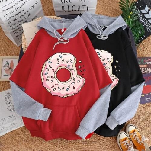 Autumn Winter New Women Contrast Color Stitching Hoodies Donut Graphics Print Pullover Harajuku Korean Style Couples Sweatshirt