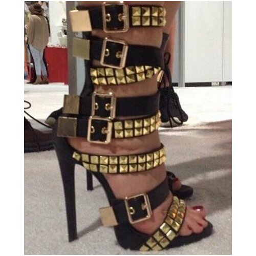 Summer 2017 New Women Black White Gold Square Rivets Big Buckle Stiletto Heel Mid Calf Short Sandals Boots Booties