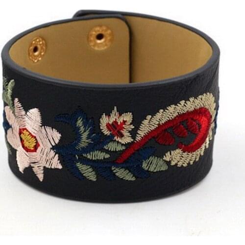 ZWPON Fashion Designer Embroidery Sunflower Leather Cuff Bracelets & Bangles for Women Female Bracelets Snap Button Jewelry