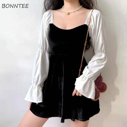 Dresses Women French Retro Patchwork Flare Sleeve Square Collar Autumn Korean Style Temperament Fashion Casual Feminino Vestidos