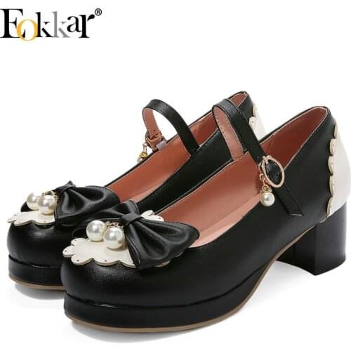 Eokkar 2020 Women Mary Jane Pumps Cute Cosplay Pumps Mid Heel Lolita Shoes Buttefly-knot Pumps Women Shoes Lace Pumps Size 34-45