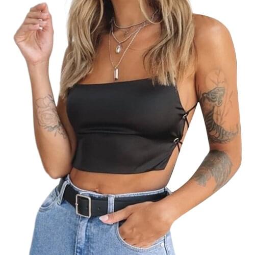 Sexy Womens Crop Tops Halter Backless Cross Bandage Bow Knot Tied Satin Solid Sleevelss Vest Party Clubwear Crop Top Camis