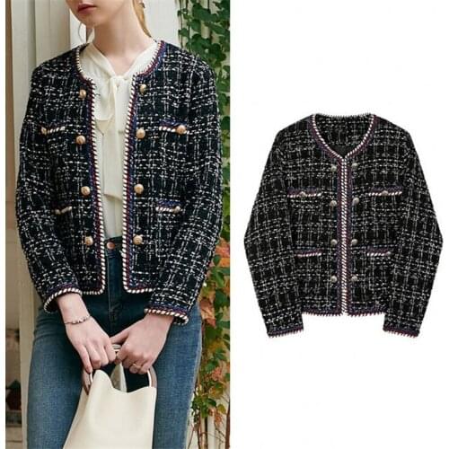 Spring Autumn New Black White Plaid Double Breasted Tweed Plus Size Small Fragrance Feminina Coat Women Jackets Tops Office Lady