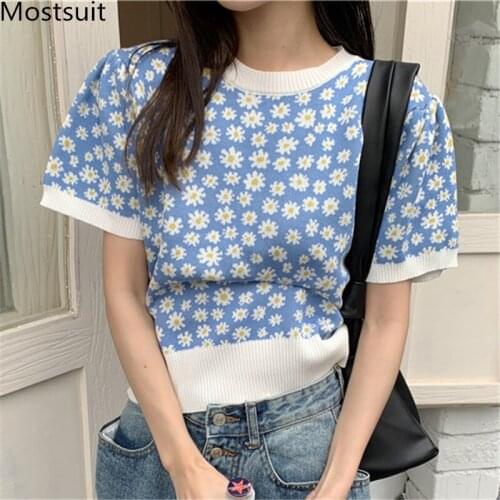 Daisy Knitted Korean Women Pullover Jumpers Summer Short Sleeve O-neck Tops Fashion Loose Ladies Sweaters 2021