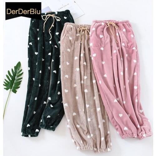 Winter Love Sleep Bottoms Thicken Pajamas Womens Pants Keep warm Home Pants Women Flannel Sleep Pants Casual Pyjamas Bottoms