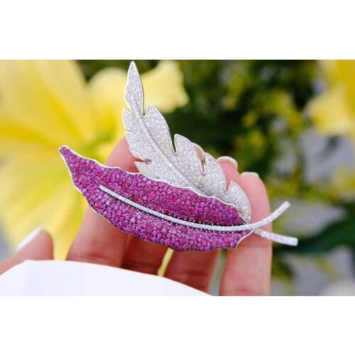 1pc 64x32mm Womens High Quality silver plated Cz micro leaf brooch