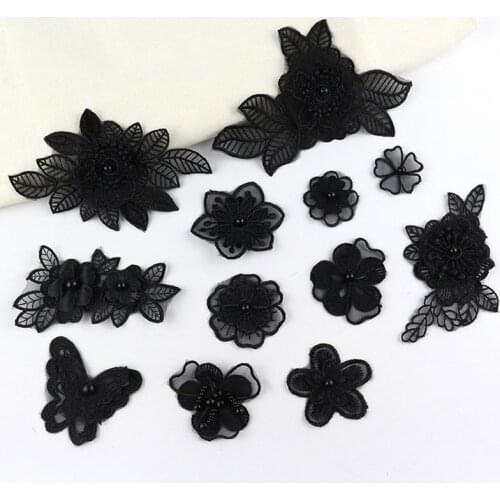 12Pcs Black Lace Flower Patch Embroidery Sew on Patches for Clothing Organza Flower Butterfly Appliques Wedding Dress