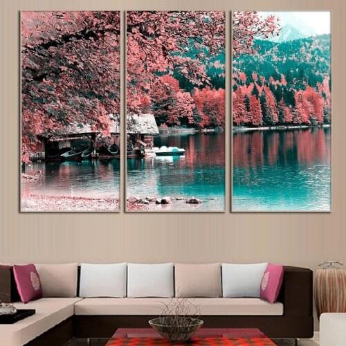 3 Panels Landscape Picture Modern Home Decor Posters and Prints Red Tree Oil Painting Wall Art Canvas Painting For Living Room