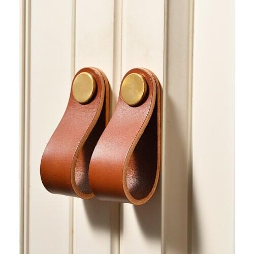 Anti-collision Cowhide Wardrobe Drawer Door Pull Genuine Leather Furniture Handle Northern European-Style Cabinet Handles Knobs