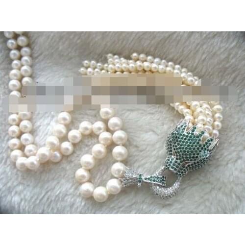 FREE SHIPPING freshwater pearl white round green leopard clasp necklace 18"