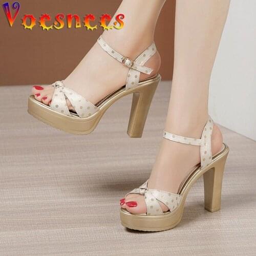 Temperament Polka Dot Women Sandals Summer Bow Buckle Strap Sandals Comfortable High Heels Chunky Heel Women Shoes Big Size 43