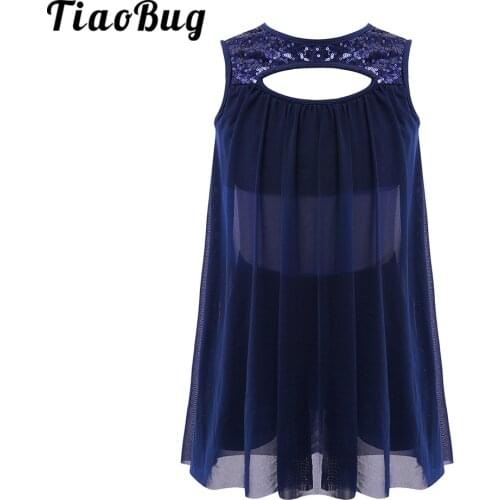 TiaoBug Sleeveless Sequins Ballet Dance Leotard Dress For Kids Girls Lyrical Dance Costumes For Children Chiffon Dance Dress