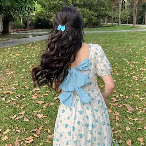 JuneLove Sweet Floral Print Dress Elegant Kawali Bow Backless Casual Midi Dress Designer Vintage Holiday Party Dress Summer 2021