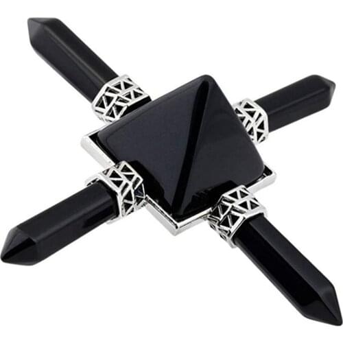 FYJS Unique Silver Plated Square Pyramid Hexagon Energy Transmitter Symbol Pendant Black Obsidian Jewelry