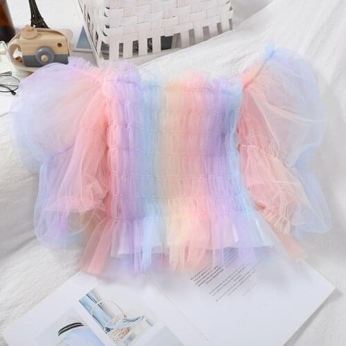 HELIAR Rainbow Women Mesh Chiffon Crop Tops Puff Sleeve Cute Tops Slim Night Club Hot Blouse Women 2021 Summer Crop Tops