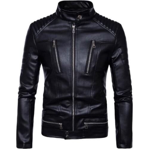 Punk rock motorcycle leather jacket men Multiple zipper clothing mens leather jackets stand collat short pu coats biker black