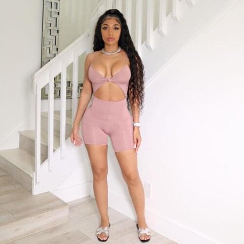 Summer Fashion Trend Sexy Womens Solid Color Hollow Halter Slim-fit Buttocks One-piece Shorts