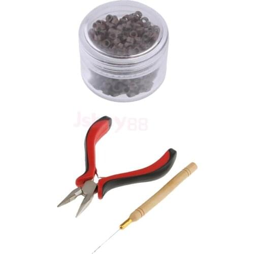 Hair Extensions Pliers Hook Tool Set+500Pcs Aluminum Micro Nano Rings Beads
