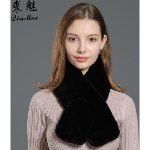 New Women Fur Scarf Classic Knitted Fur Rabbit Neckerchief Scarf Thick Muffler Solid Color Soft Warm Natural Fur Scarves Female