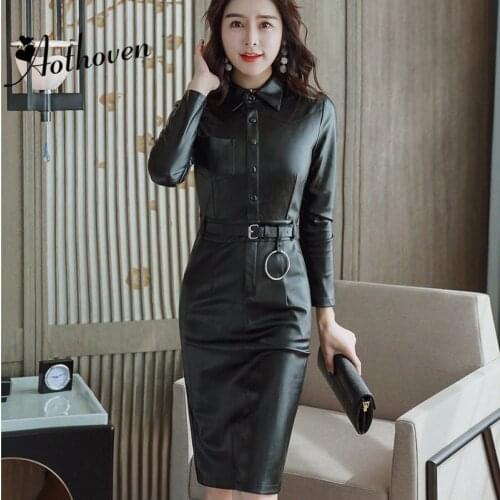 2020 Autumn Black PU Sheath Plus Velvet Dresses Turn-down Collar Long Sleeve Bodycon Dress Women Party Synthetic Leather Dresses