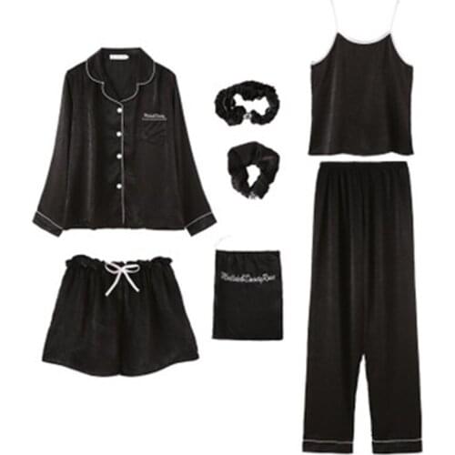 7Piece/Set Sexy Pajamas Set Women Cotton Spring Pyjamas Sexy Female Long Shirt Stitch Lingerie 2019 Top Fashion Sleepwear