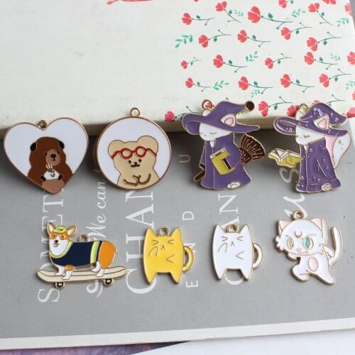 5pcs/lot Cute Animal Enamel Witch Moon Cat Dog Riding a Skateboard Charms For Necklace Bracelet Earring DIY Jewelry Findings