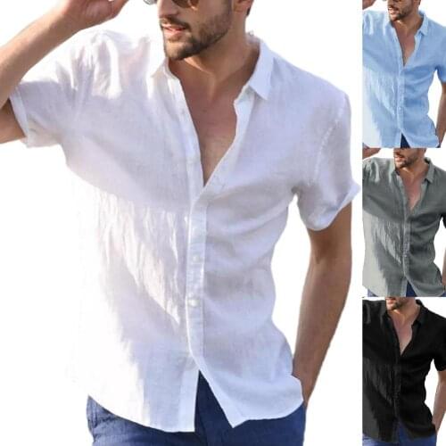 Men Shirt Cotton Linen Soft Short Sleeve Cowboy Summer Button Cool Loose Casual V Neck Shirts Top Slim Fit Tee Beach Blouse