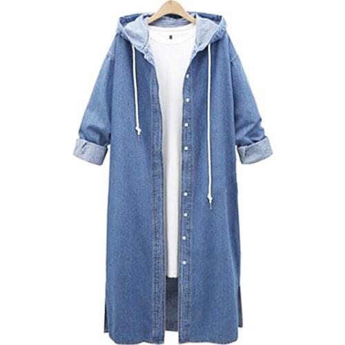 Women Denim Long Sweatshirt Coats Long Sleeves Hooded Outerwear Autumn Fashion Loose Oversized Cardigan Lady Jeans Jackets