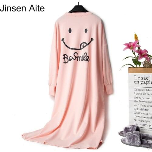 Jinsen Aite Women Night Dress Lovely Cartoon Spring Nightgown Long-sleeve Cotton Loose Large Size Sleepshirt Home Clothes JS776