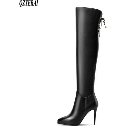 New winter style Genuine leather Knee-high boots Women boots fashion warm Fine with Female boots 100% cowhide Women shoes
