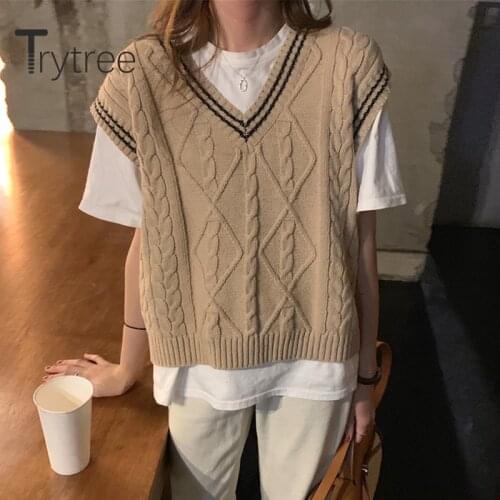 Trytree 2020 Winter Woman Casual Vest V-neck Fashion Loose Solid 2 Color All-Purpose Style Pullovers Sweater Vest Tops