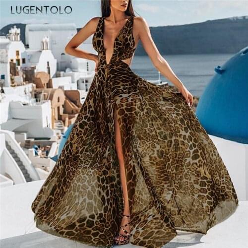 Women Sexy Deep V-neck Dress Summer Slim Dresses Chiffon Big Swing Leopard Print Thin Sleeveless Maxi Dress