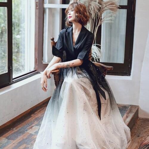 Elegant Black A-Line Evening Dresses Sexy Vintage V-Neck Half Sleeve Sequins Long Party Gowns Robe De Soiree