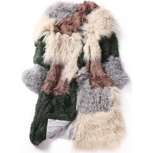 Lady Real Knitted Rabbit Fur Coat Lamb Fur Patchwork Autumn Winter Genuine Women Fur Trench Outerwear Coats LF4208