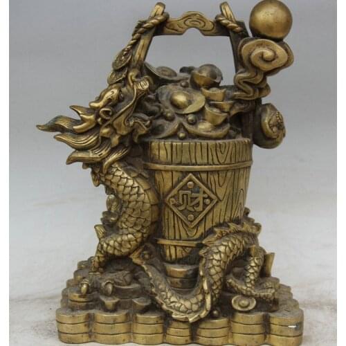 Zhmui880062590 12" China Brass Ru Yi Zodiac Year Dragon Play Ball treasure bowl Bucket Statue