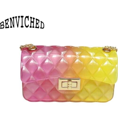 BENVICHED yellow Plaid Jelly Bag Gradient Candy Color Crossbody Bags for women in Summer Ladies Shoulder Chain Messenger BagB023