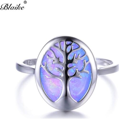 Blaike Luxury Blue/White Fire Opal Cute Life Tree Rings For Women Men 925 Sterling Silver Birthstone Fine Jewelry Graduate Gift