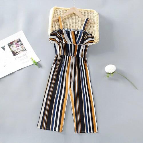Oyolan Kids Girls Fashion Summer Jumpsuit Sleeveless Ruffle Hem Stripes Print Loose Pants Jumpsuit Bodysuit Children Clothing