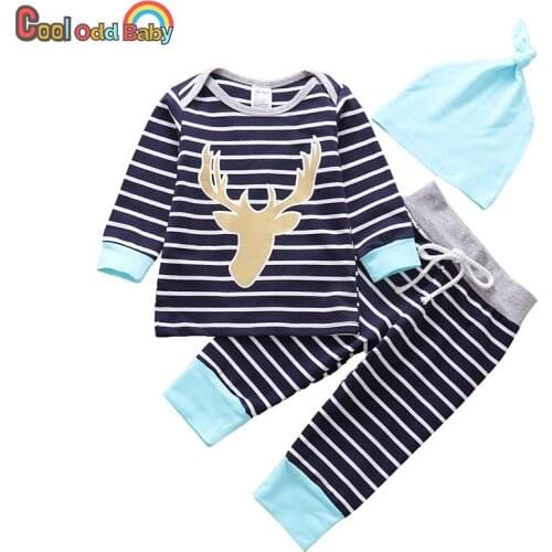 3Pcs Newborn Infant Baby Boys Clothes Set Cotton Stripe Print Long Sleeve Tops Casual Pants Hat Outfits Autumn Toddler Clothing