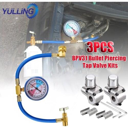 3pcs BPV31 Bullet Piercing Tap Valve Kits U-Charging Hose Refrigerant Tap With Gauge R134a Can To R12/R22 Port AC 1/2 Dropship
