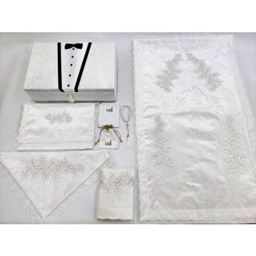 Cream Groom 8 Piece Coffer Prayer Rug Set Velvet Bundle Set
