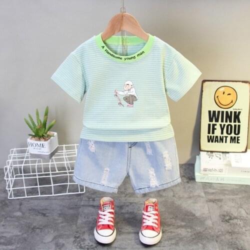 Summer Baby Boys Girls Clothes Infant Cartoon Strips T Shirt Denim Shorts 2pcs/Sets Kids Fashion Garment Children Casual Sport