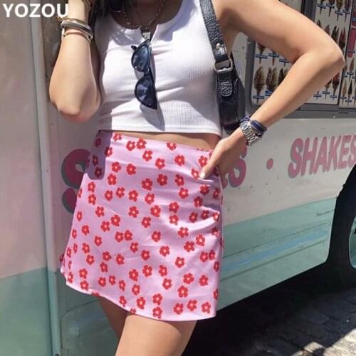 Womens Mini skirt elegant pink boho high waist skirt floral satin skirt short kawaii skirts womens pink skirt A line