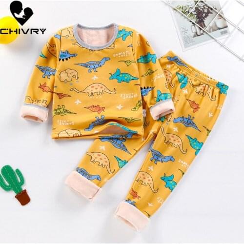 New 2020 Kids Boys Thicken Pajama Sets Cartoon O-Neck T-Shirt Tops with Pants Baby Girls Autumn Winter Warm Sleeping Clothes