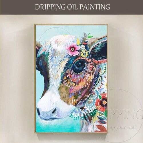 New Arrivals Artist Handmade Colorful Animal Cow Oil Painting Handmade Cow with Flowers Oil Painting for Living Room Decoration