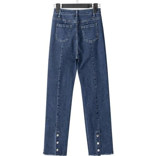 2021 Autumn New Button Bleached Washed High Waist Ankle-length Pants Fray-breasted Cropped Trousers Retro Blue Women Jeans