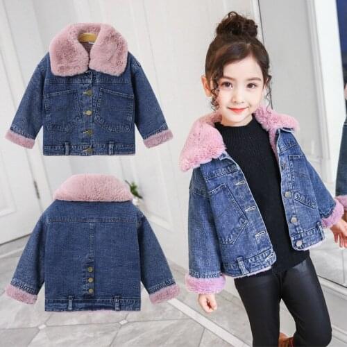 2020 Autumn Winter Lapel Fur Collar Plus Velvet Childrens Denim Jacket Warm Girls Coat Single-Breasted Long Sleeve Kids Clothes