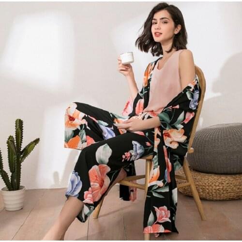 Autumn Winter New Ladies Pajamas Set Floral Print Black Sleepwear Comfort Loose Cardigan+Vest+Pants+Shorts 4Pcs Gentle Homewear