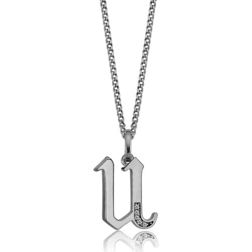 Valori Jewels Letter U, Zirconia White Gemstone, Black Rhodium Plated, Sterling Silver Charm Necklace